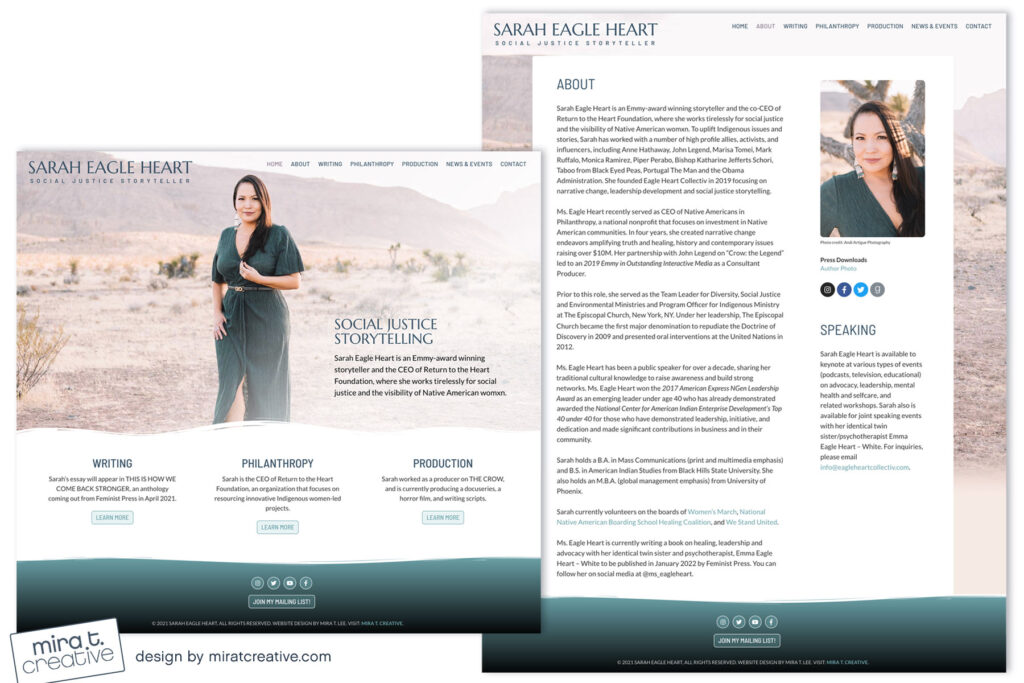 Sarah Eagle Heart, Social Justice Storyteller website design